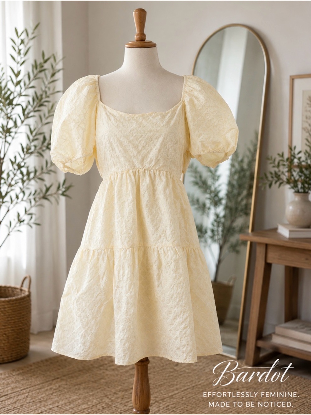 Bardot Pale Yellow Puff Sleeve Mini Dress